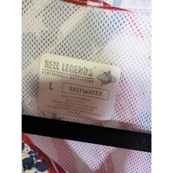 Reel Legends Shirt Blue Flag Print Short Sleeve Button Saltwater Men's Large - Picture 3 of 4